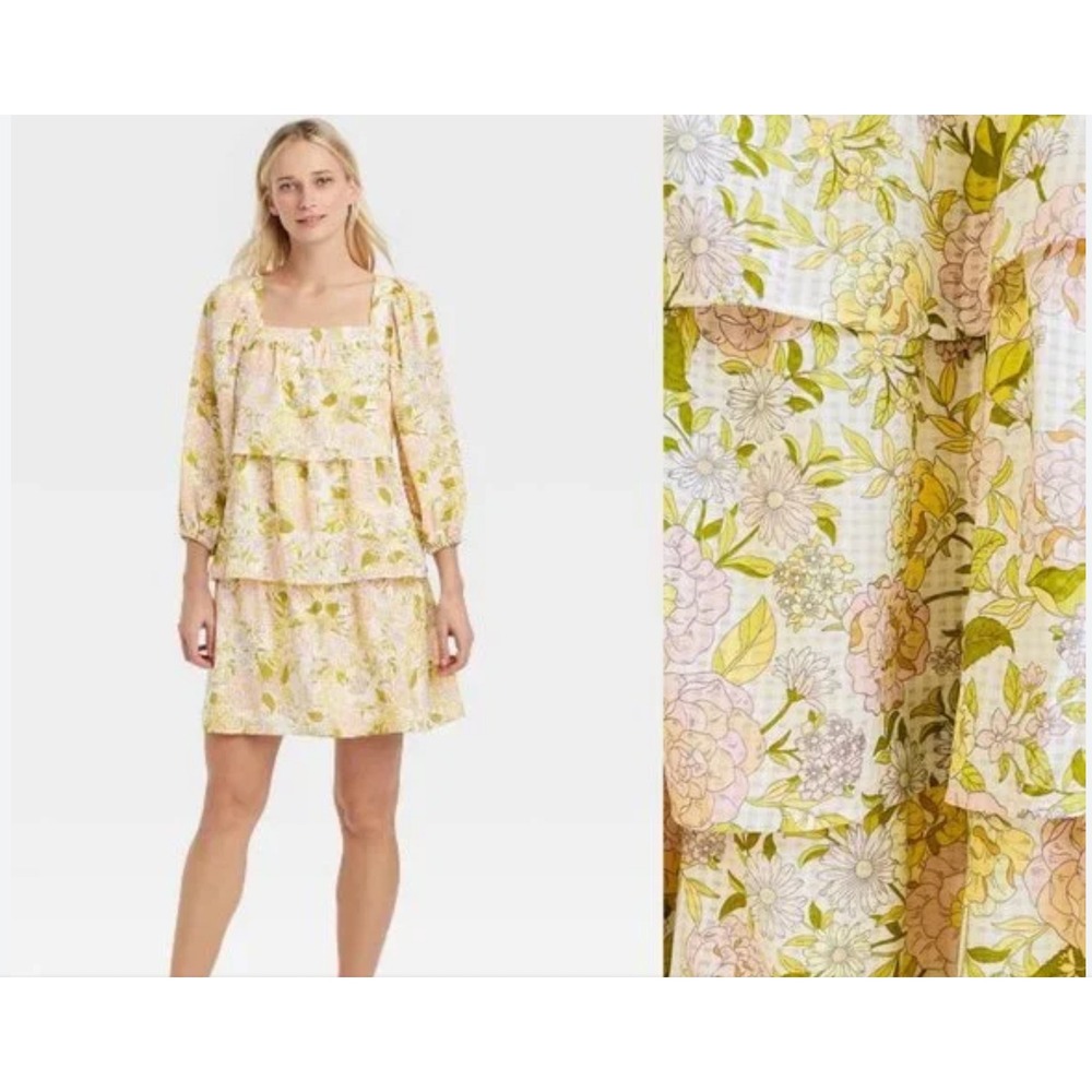 WhoWhatWear Womens Floral Print Tiered Dress Square Neck Long Sleeve Cottagecore
